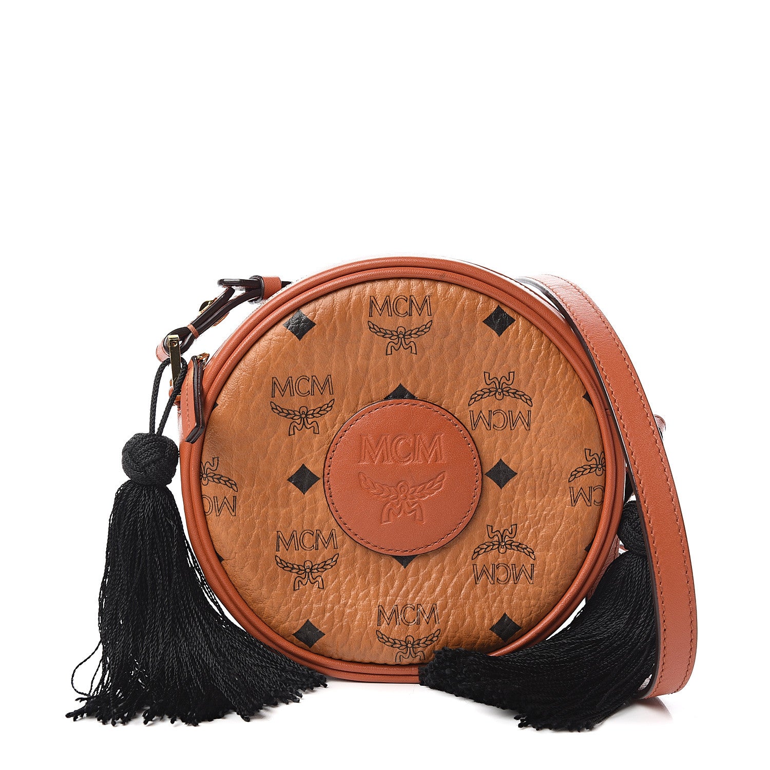 MCM Visetos Small Tambourine Crossbody Cognac Black 1 of 8