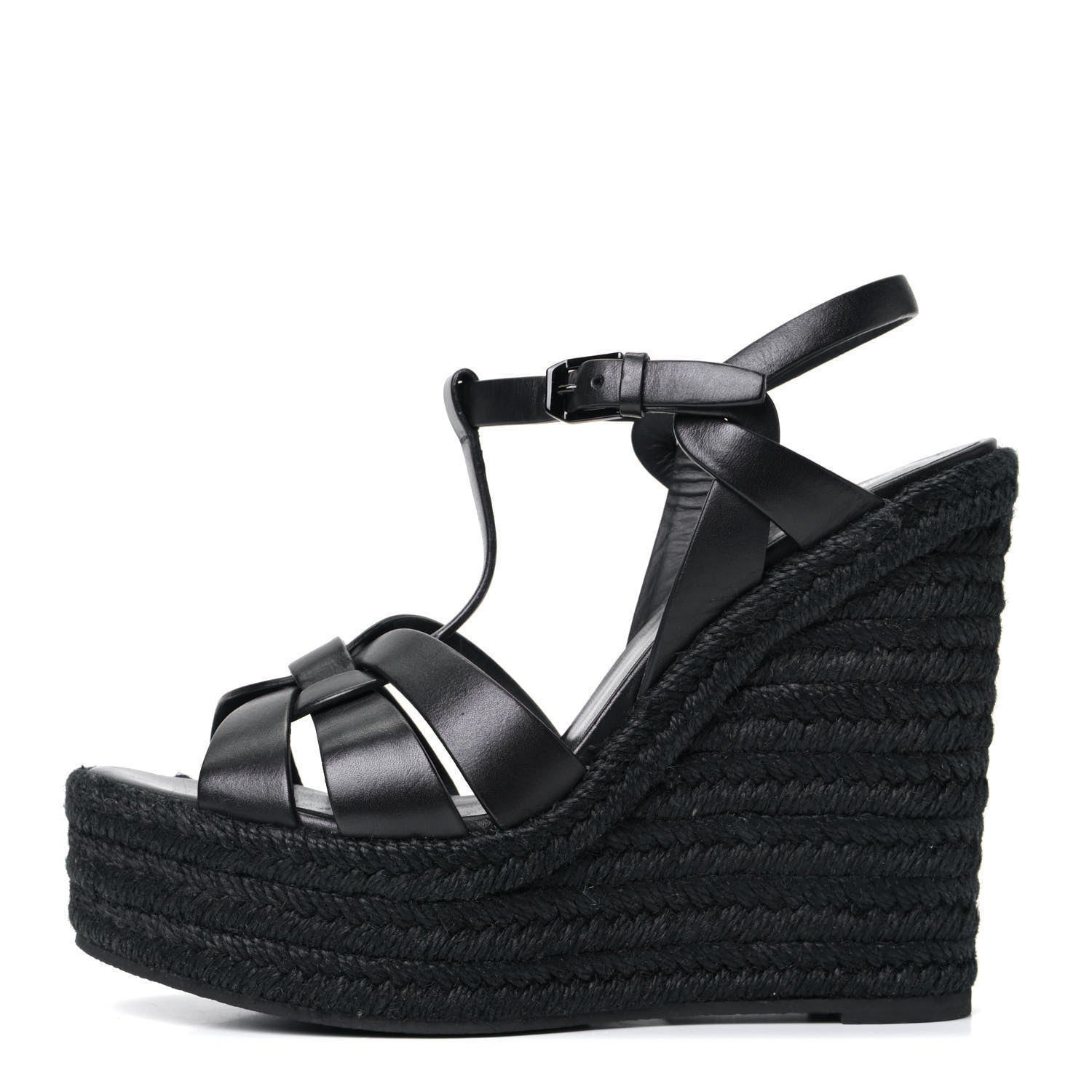 Saint Laurent Calfskin Tribute 95 Platform Espadrille Wedge Sandals 37.5 Black 1 of 5