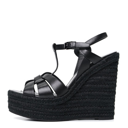 Saint Laurent Calfskin Tribute 95 Platform Espadrille Wedge Sandals 37.5 Black 1 of 5