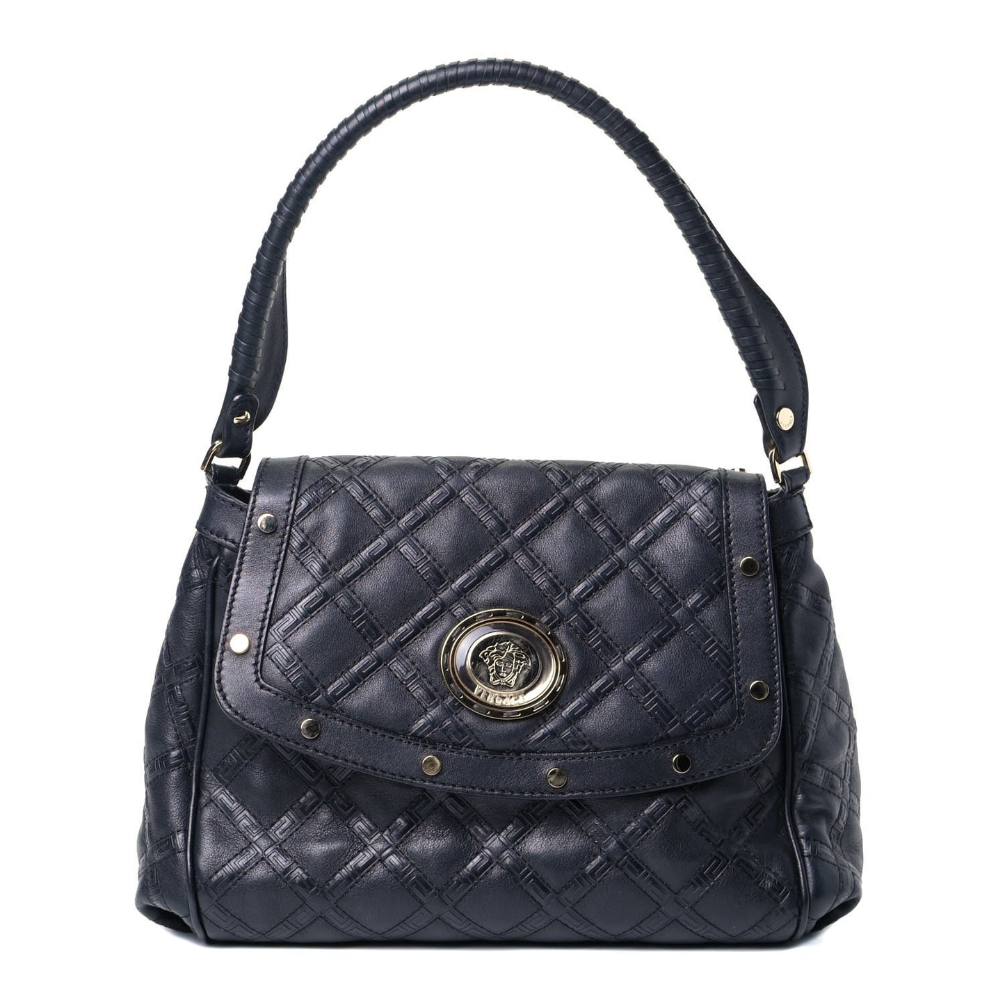 Calfskin Greca Argyle Embossed Medusa Shoulder Bag Black