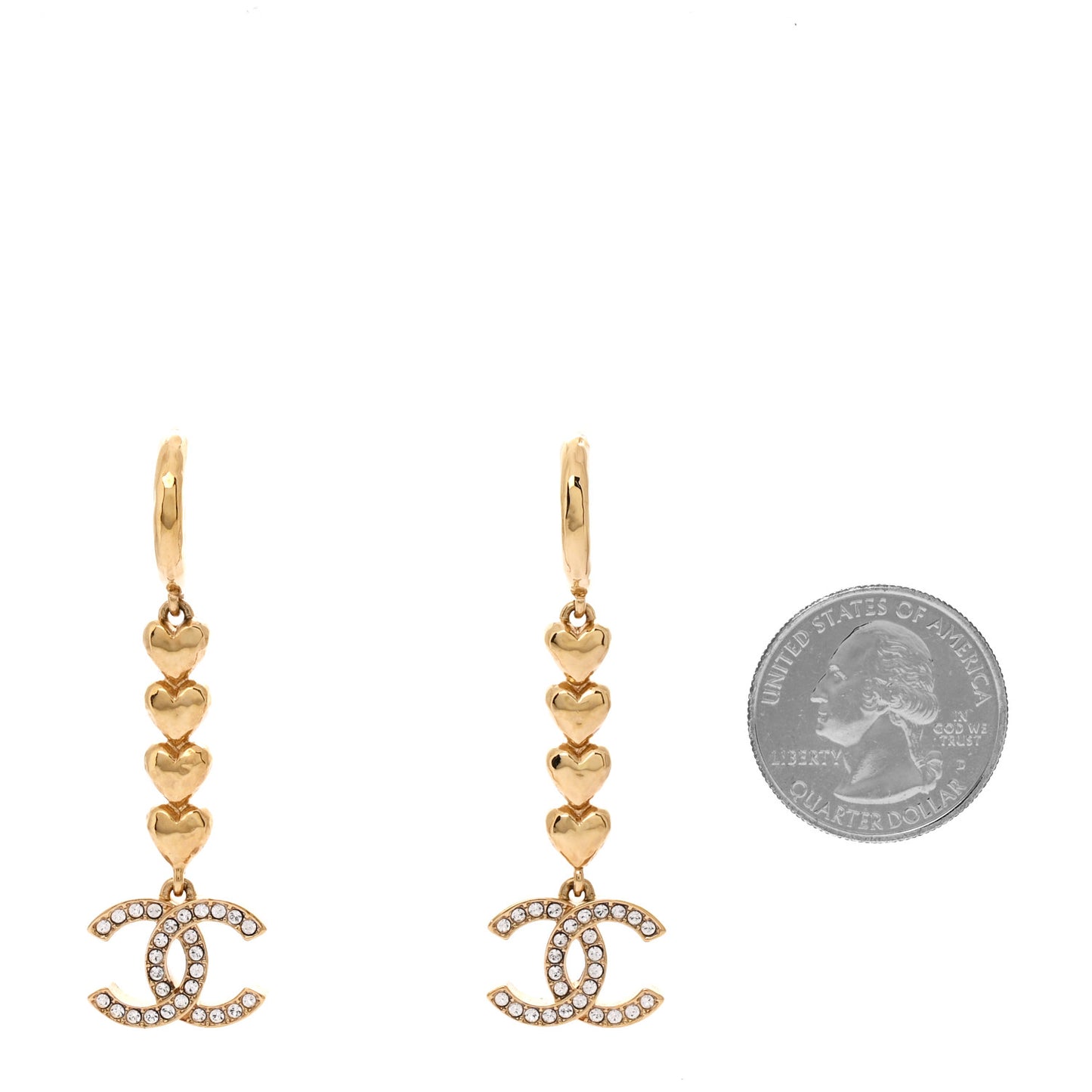 Metal Crystal CC Heart Hoop Long Drop Earrings Gold
