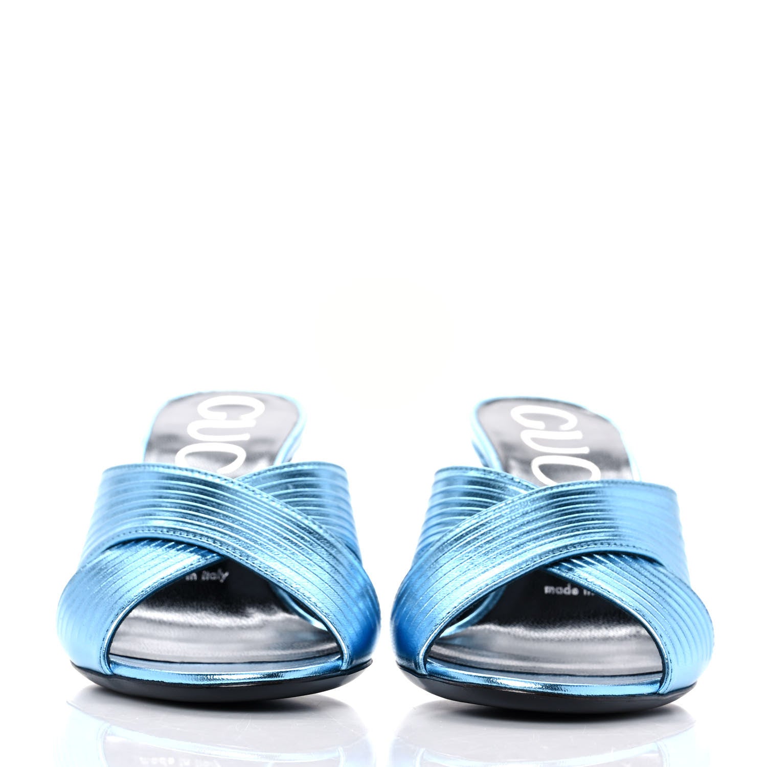 Gucci Metallic Nappa Crawford Knot Mid Heel Slide Sandals 36 Cielo 2 of 10