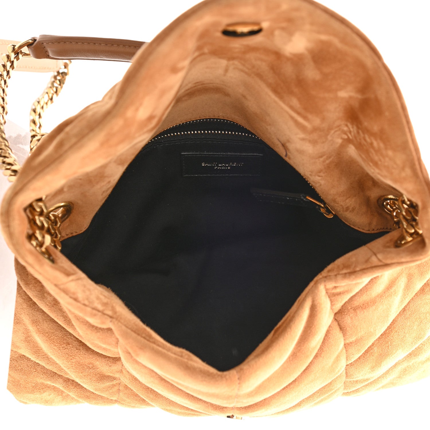 Saint Laurent Suede Calfskin Quilted Small Loulou Puffer Monogram Chain Satchel Cinnamon 4 of 8
