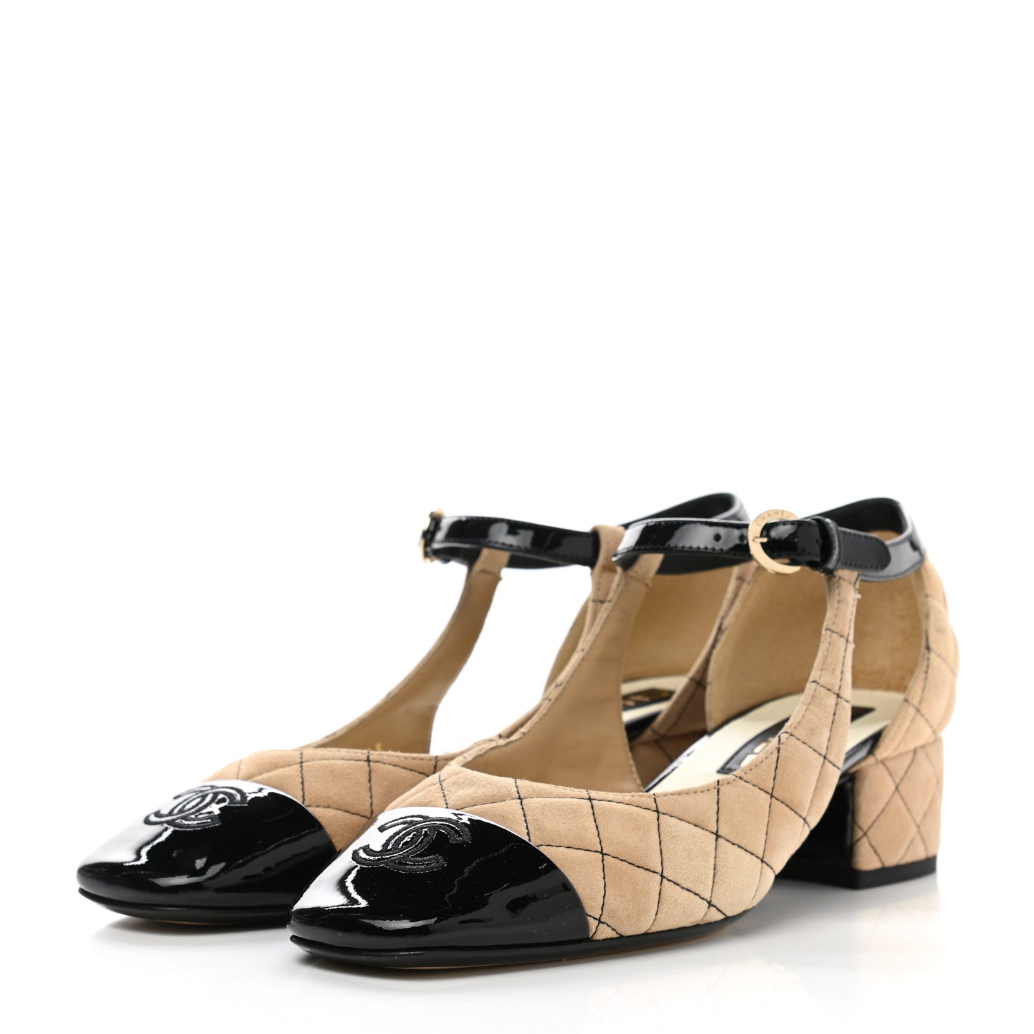 Chanel Suede Kidskin Patent Cap Toe Quilted Mary Jane Flats 38 Beige Black 3 of 8