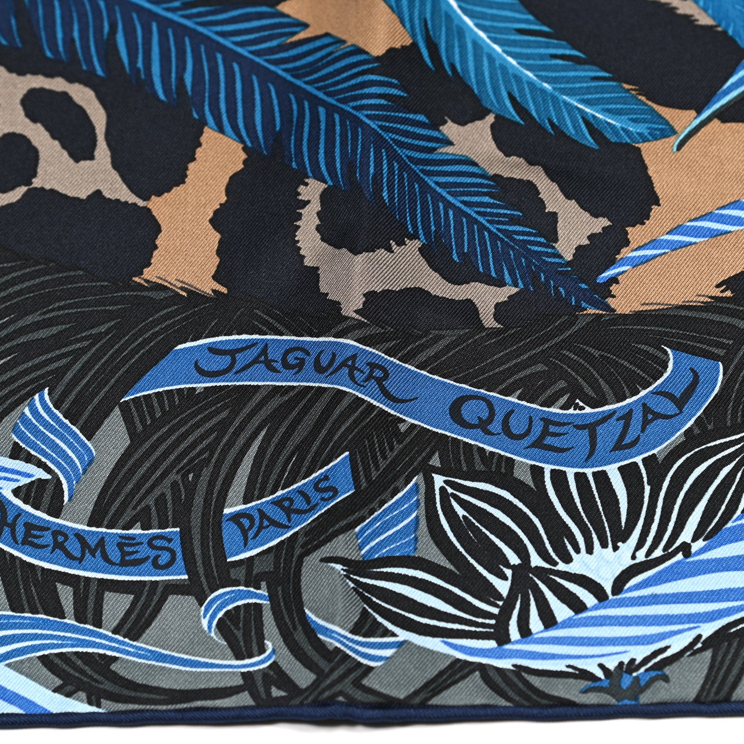 Hermes Silk Jaguar Quetzal Scarf 90 Bleu Jean Camel Marine 5 of 7