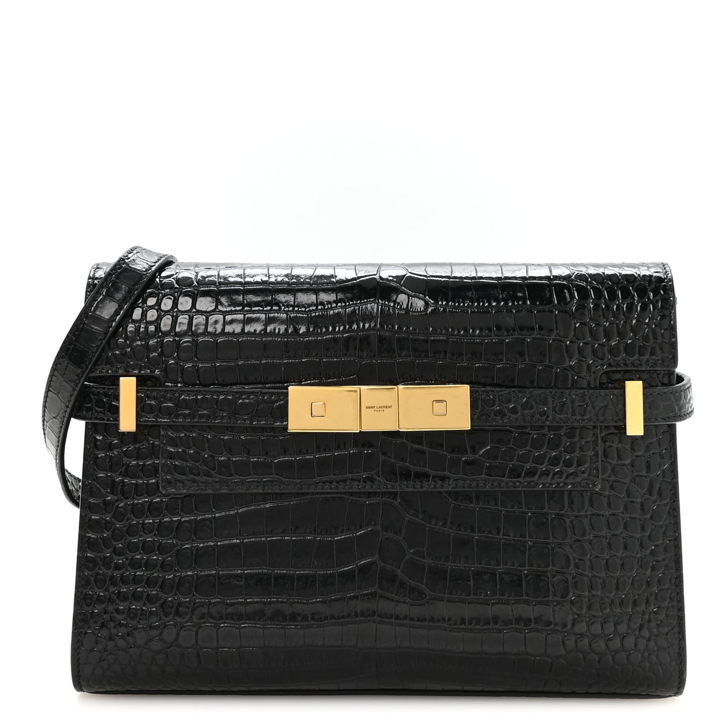 Shiny Calfskin Crocodile Embossed Small Manhattan Baguette Black