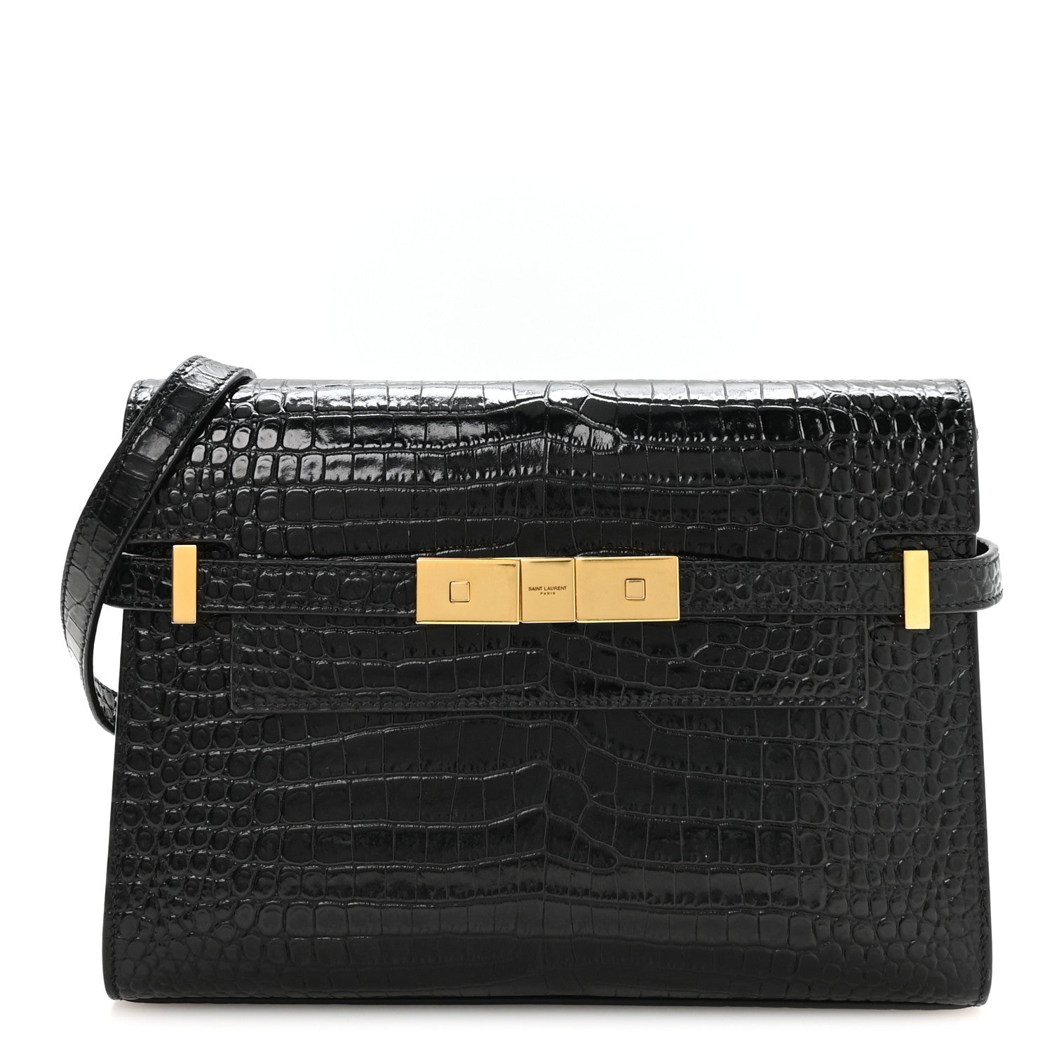 Saint Laurent Shiny Calfskin Crocodile Embossed Small Manhattan Baguette Black 1 of 10