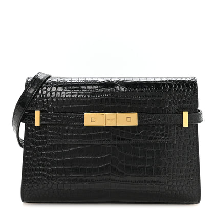 Saint Laurent Shiny Calfskin Crocodile Embossed Small Manhattan Baguette Black 1 of 10