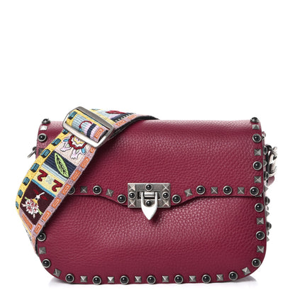 Valentino Garavani Grained Calfskin Onyx Medium Guitar Strap Rockstud Rolling Flap Saddle Bag Disco Pink 1 of 7