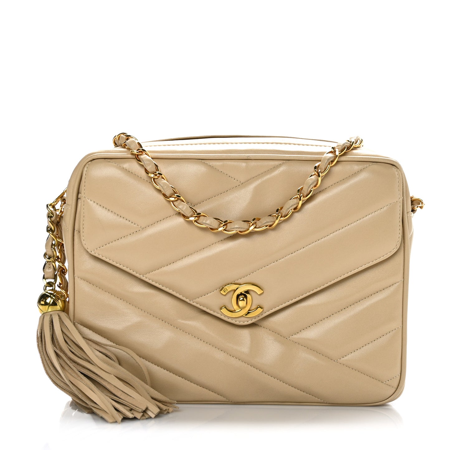 Lambskin Chevron Quilted Tassel Flap Camera Case Beige