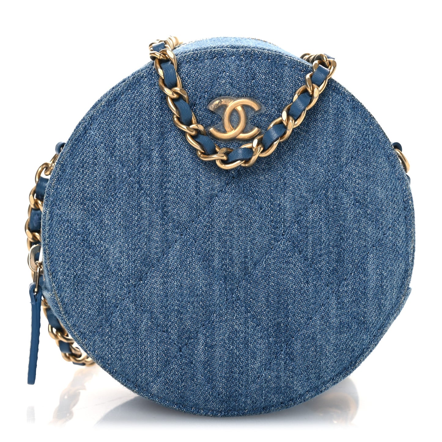 Denim Quilted Round Pearl Crush Clutch With Chain Blue