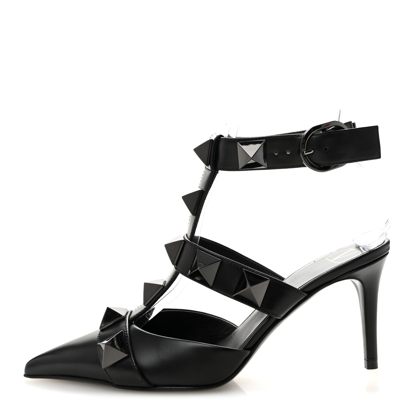 Calfskin Monochrome Roman Stud Ankle Strap 80mm Pumps 36 Black