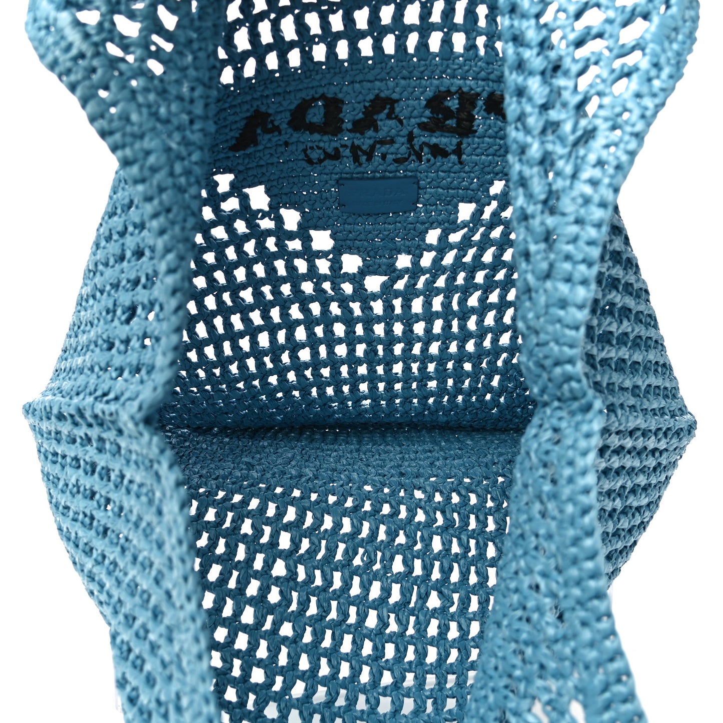 Yarn Raffia Effect Crochet Logo Embroidered Shopping Tote Bag Celeste