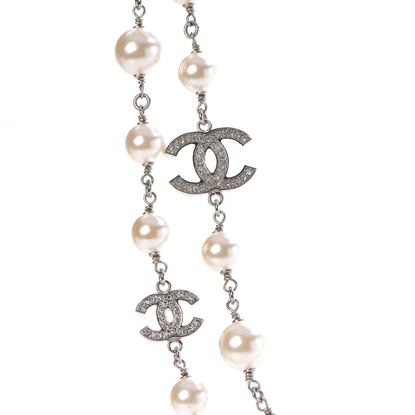 Crystal Pearl CC Long Necklace Silver
