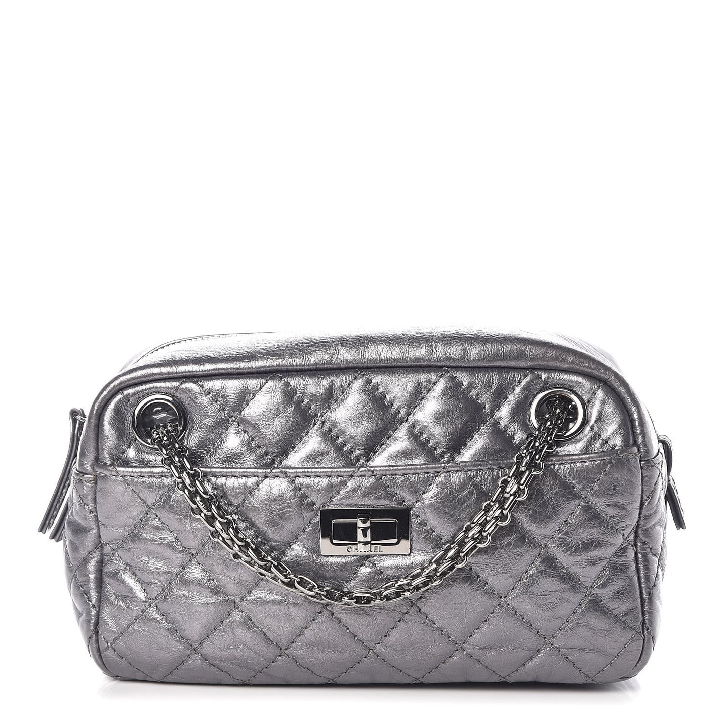Metallic Aged Calfskin Quilted Small Reissue Camera Case Dark Silver