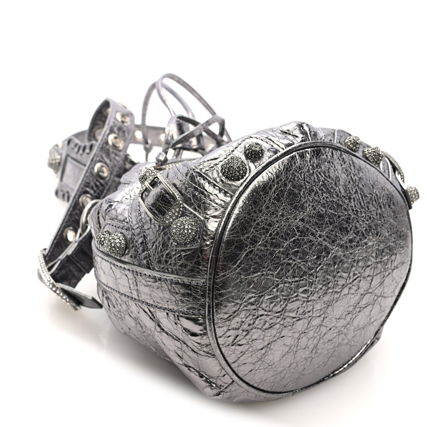 Metallic Agneau Arena Crystal Le Cagole Bucket Bag XS Silver