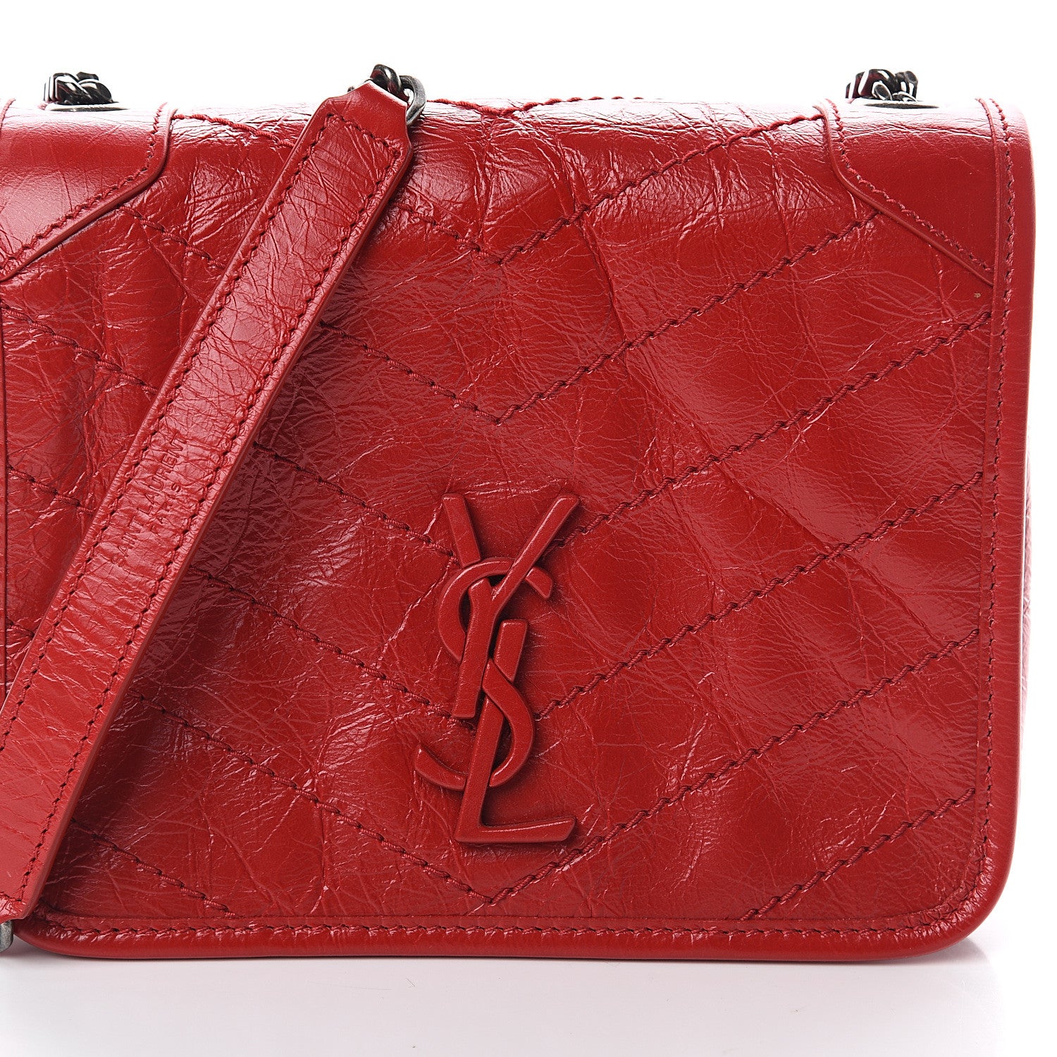 Saint Laurent Crinkled Calfskin Matelasse Monogram Niki Chain Wallet Red 6 of 8