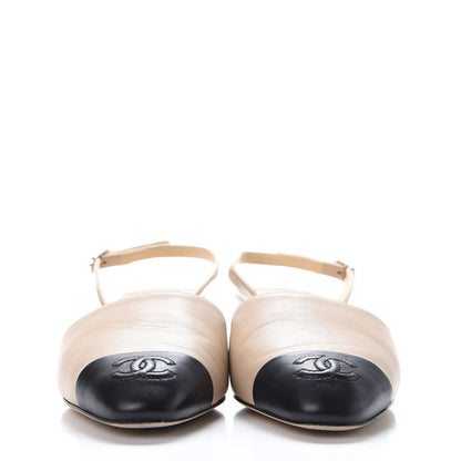 Chanel Lambskin Cap Toe CC Mary Jane Slingback Pumps 37 Beige Black 2 of 10