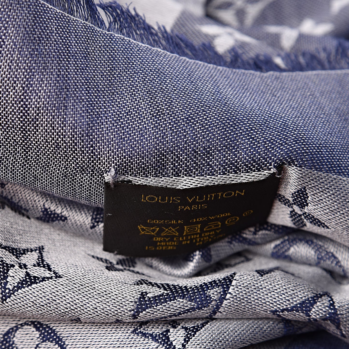 Wool Silk Monogram Denim Shawl Blue