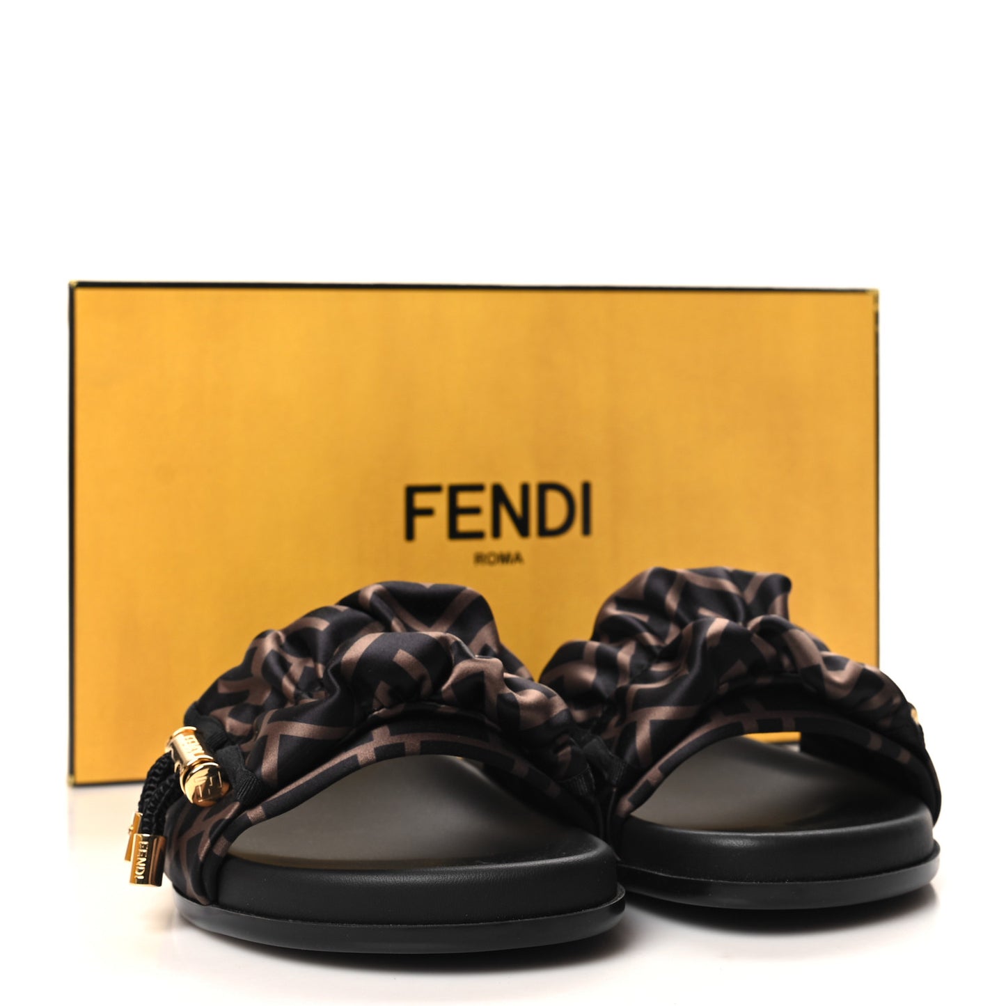 Satin FF Fendi Feel Slide Sandals 36.5 Tobacco Black