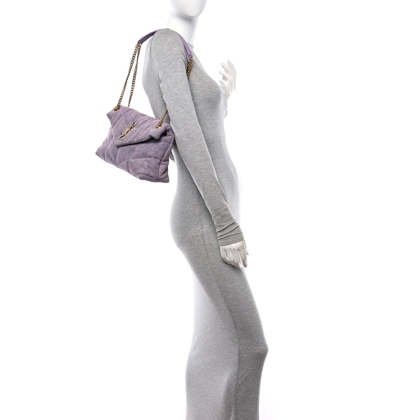 Denim Quilted Small Loulou Puffer Monogram Chain Satchel Bleached Lilac