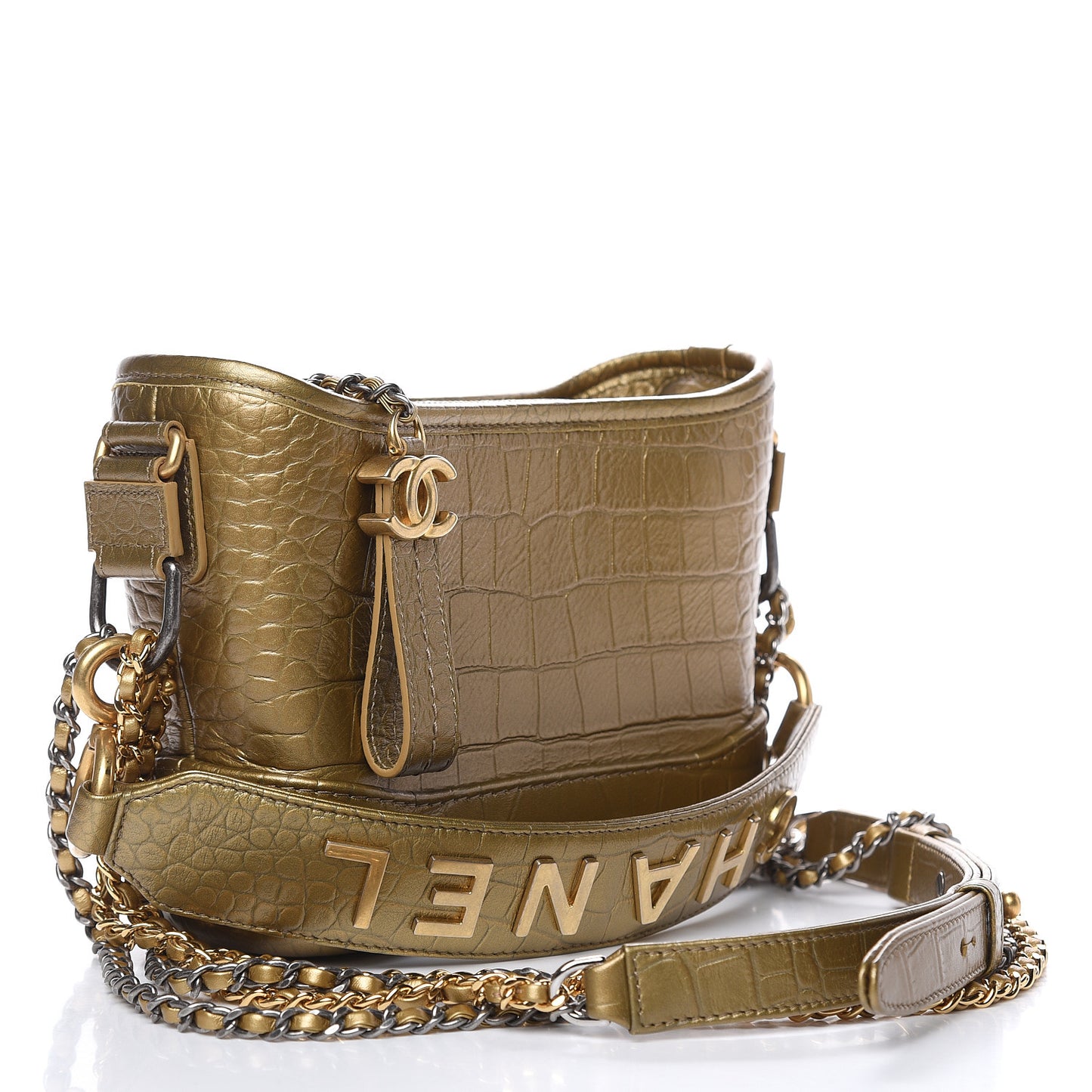 Metallic Calfskin Crocodile Embossed Cocodile Small Gabrielle Hobo Gold