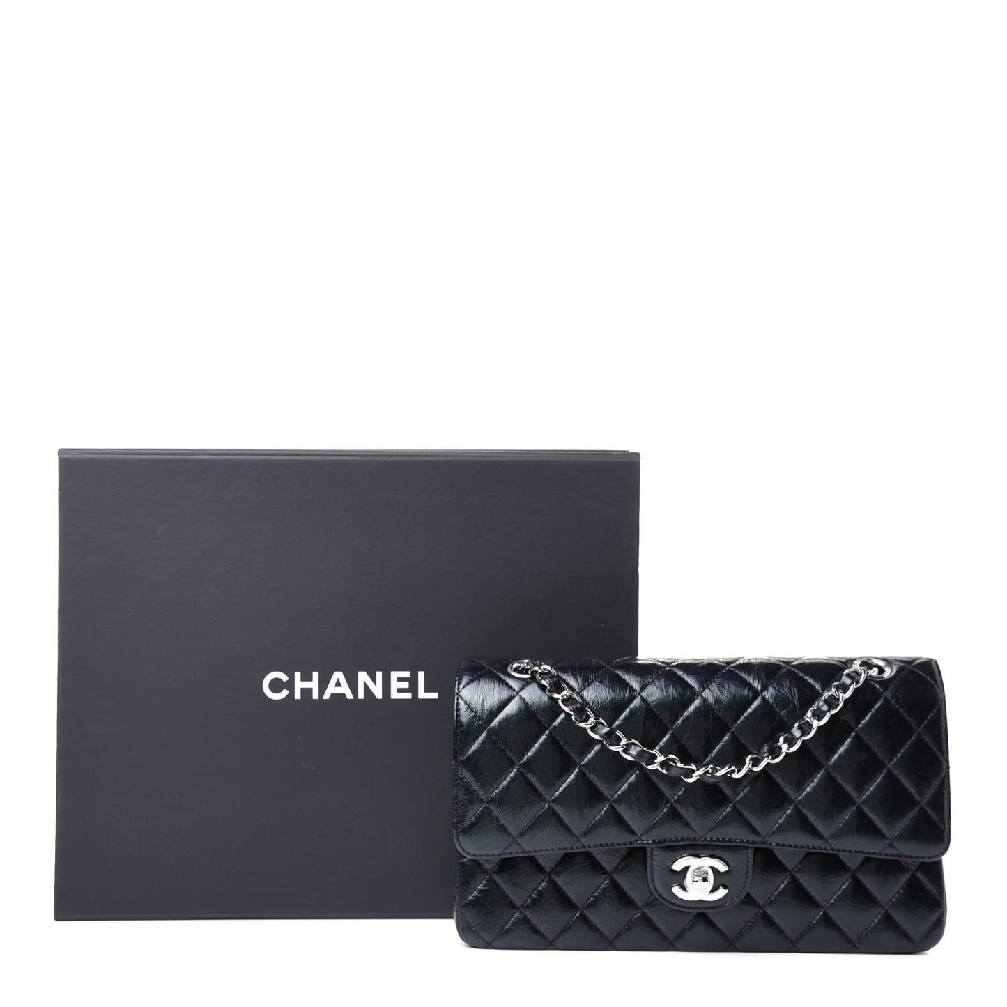 Iridescent Crumpled Calfskin Quilted Medium Double Flap Black