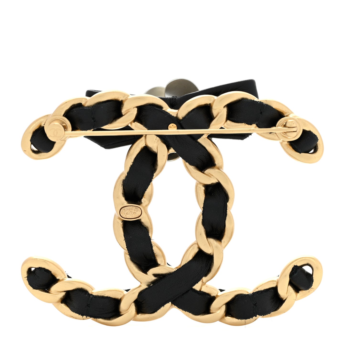 Lambskin Chain Camellia CC Brooch Black Gold