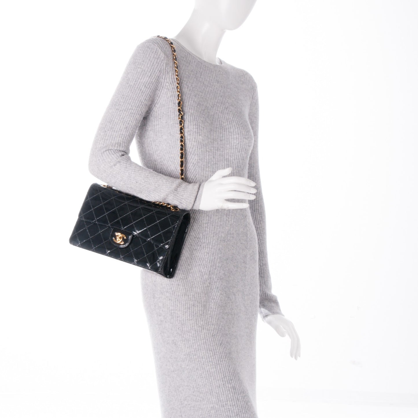 Patent Quilted Medium Single Flap Bag Black