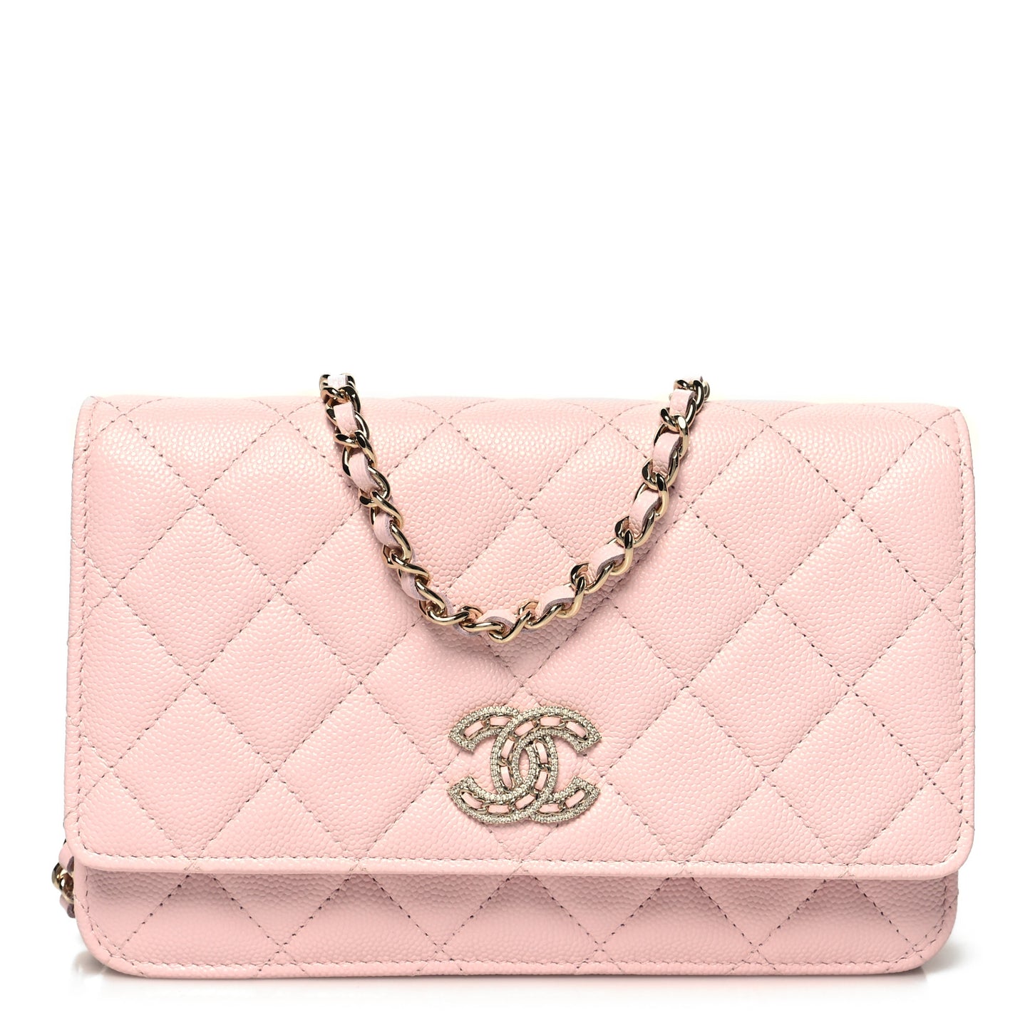Caviar Quilted Crystal CC Wallet On Chain WOC Light Pink
