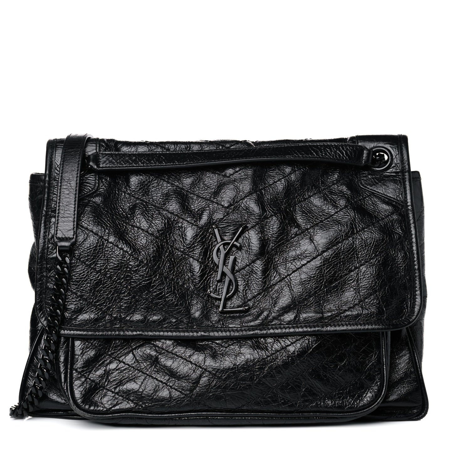 Crinkled Calfskin Matelasse Monogram Medium Niki Chain Satchel Black
