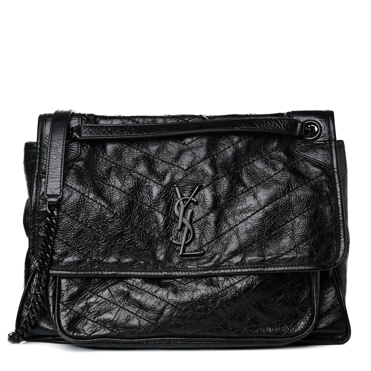Saint Laurent Crinkled Calfskin Matelasse Monogram Medium Niki Chain Satchel Black 1 of 15