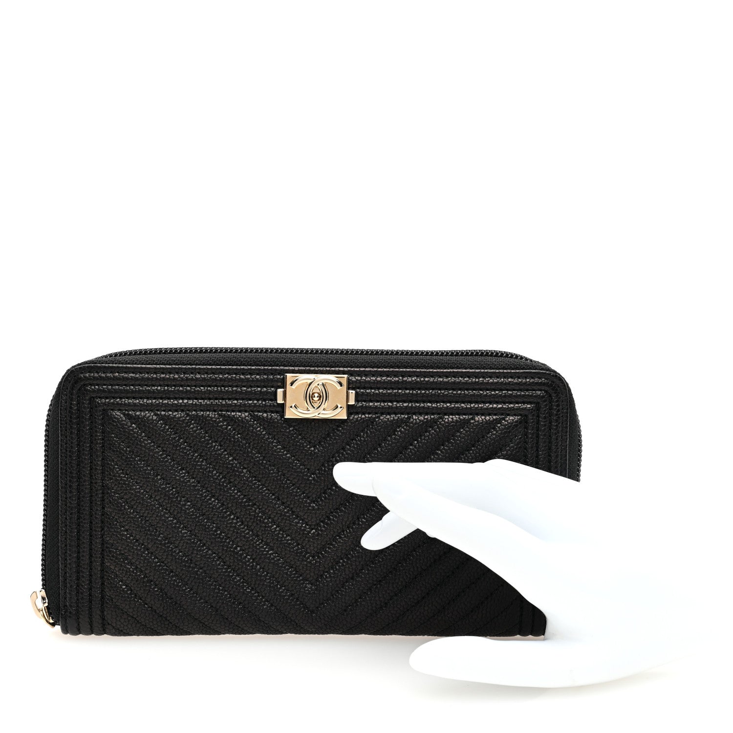 Chanel Caviar Chevron Quilted Zip Around Boy Wallet Black 2 of 7