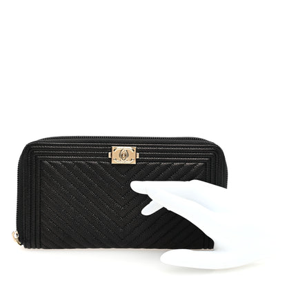 Chanel Caviar Chevron Quilted Zip Around Boy Wallet Black 2 of 7