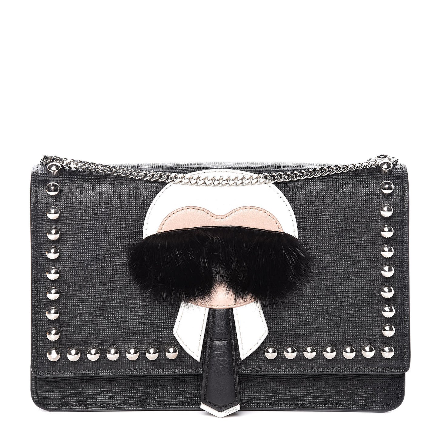 Vitello Elite Mink Fur Studded Karlito Tube Wallet on Chain Black