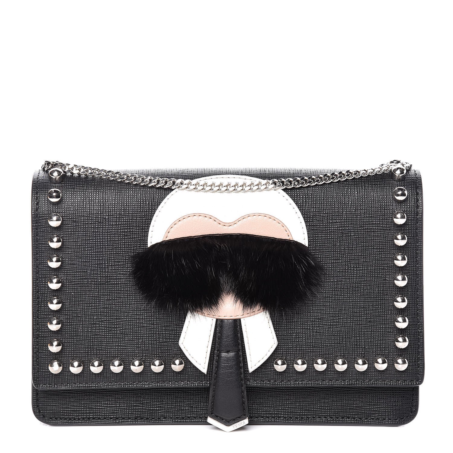 Fendi Vitello Elite Mink Fur Studded Karlito Tube Wallet on Chain Black 1 of 11