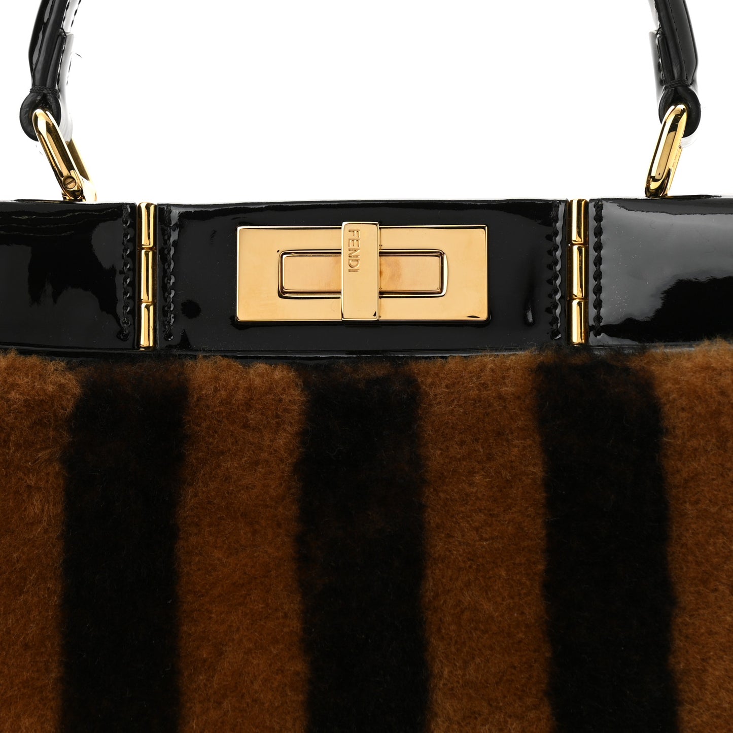 Shearling Vitello Vernice Mou Pequin Striped Medium Peekaboo Iconic Satchel Tobacco Black