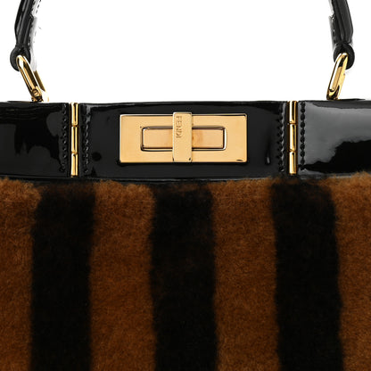 Fendi Shearling Vitello Vernice Mou Pequin Striped Medium Peekaboo Iconic Satchel Tobacco Black 7 of 9