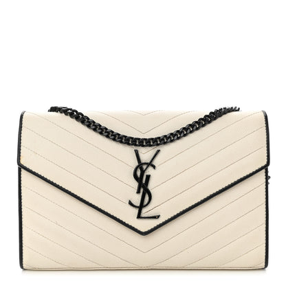Saint Laurent Grain De Poudre Matelasse Monogram Chain Wallet White Black 1 of 17