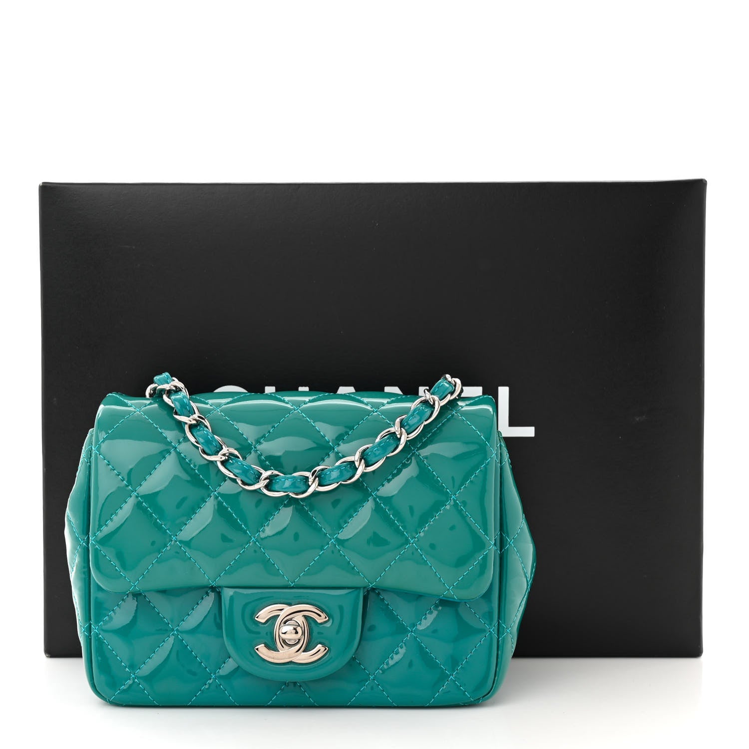 Chanel Patent Quilted Mini Square Flap Turquoise 11 of 11