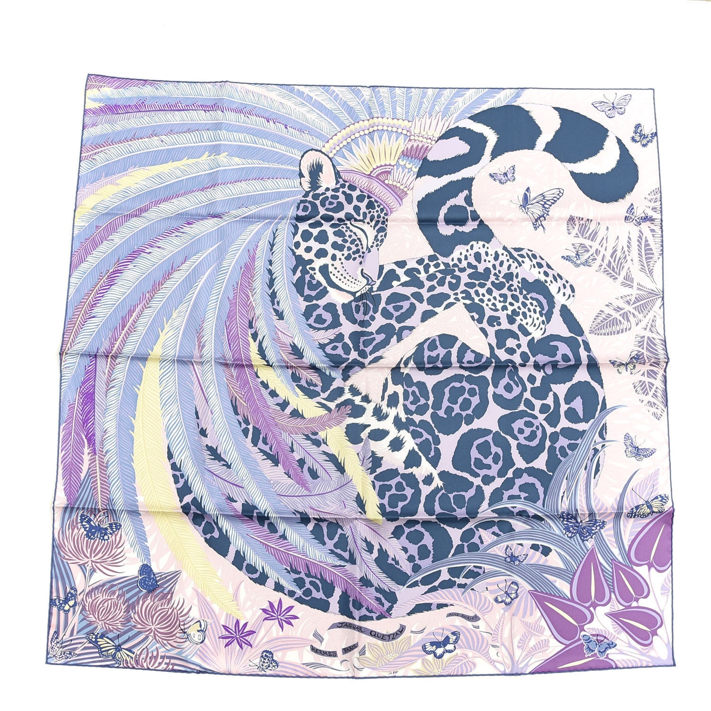Silk Jaguar Quetzal Scarf 90 Mauve Violet Jaune Soufre