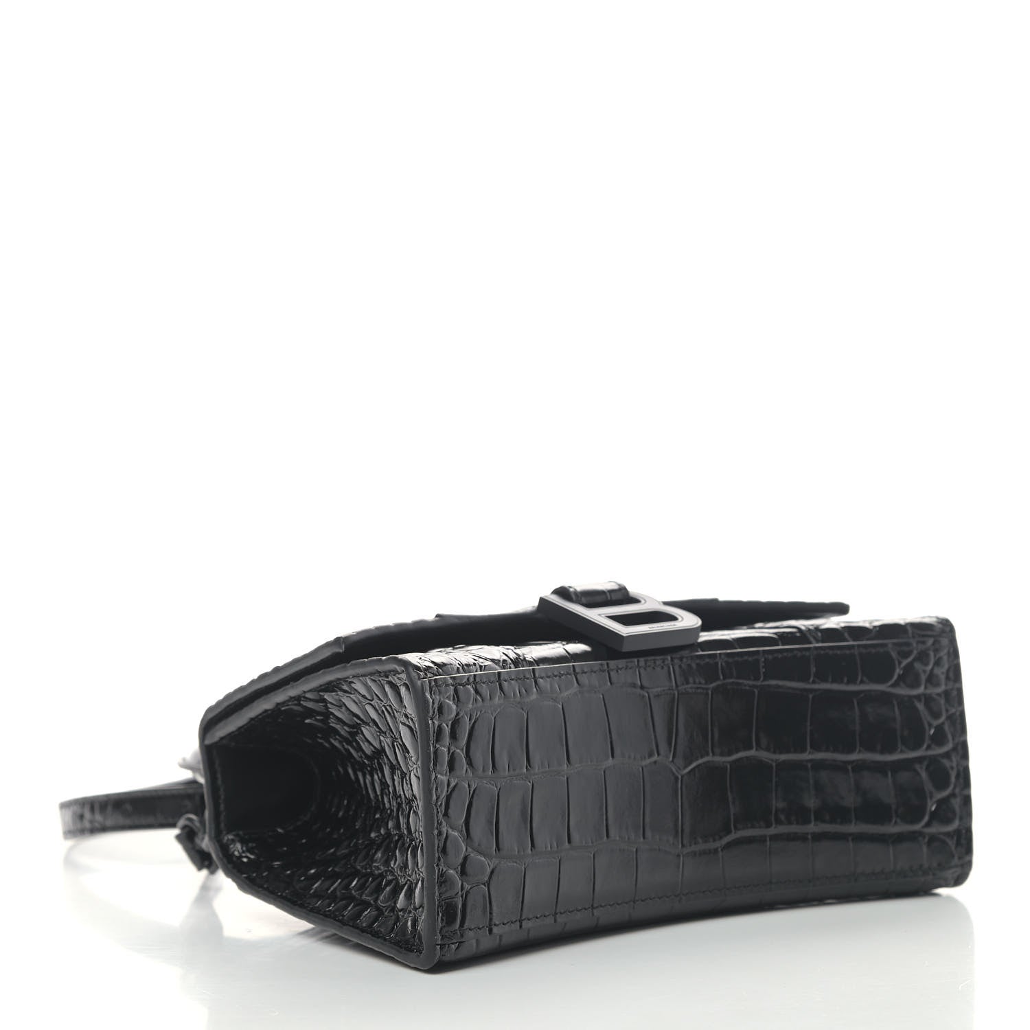 Balenciaga Shiny Calfskin Monochrome Crocodile Embossed Hourglass Top Handle Bag XS Black 3 of 4