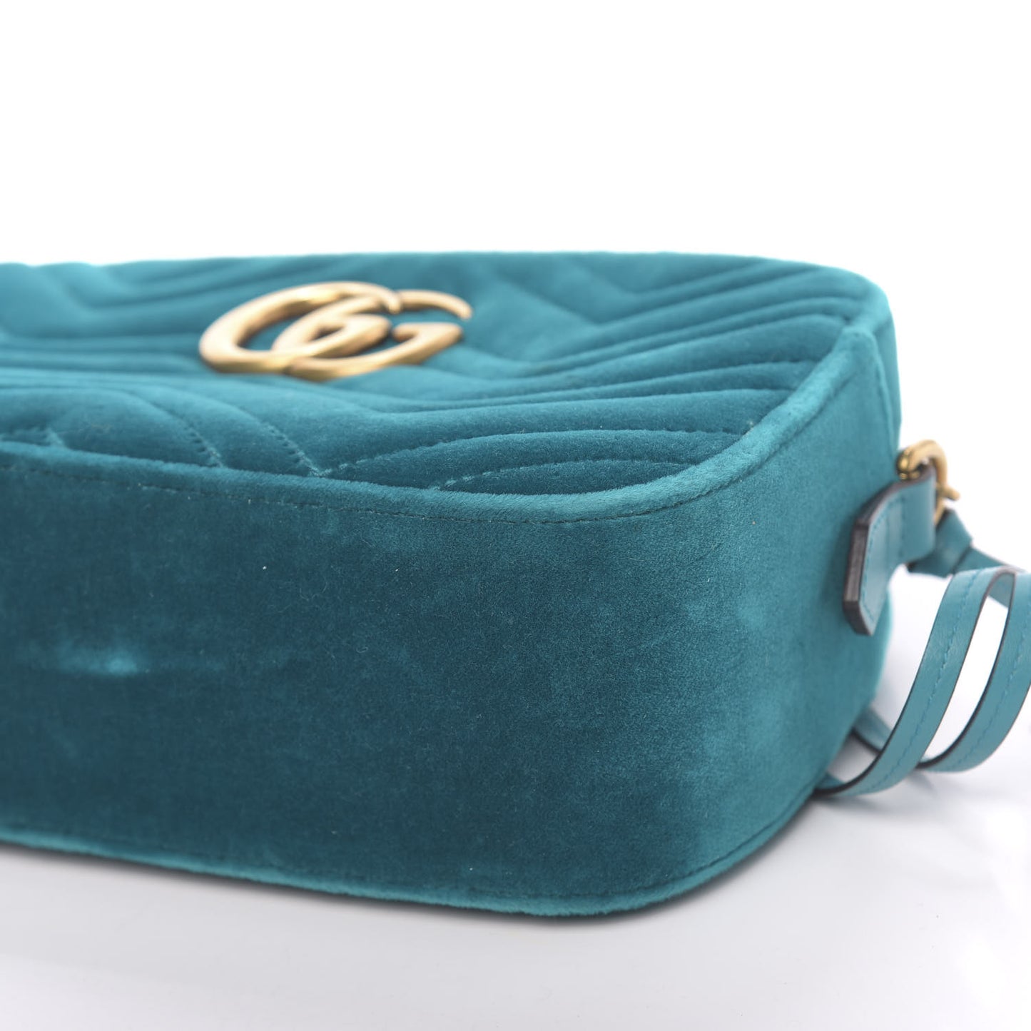 Velvet Matelasse Small GG Marmont Chain Shoulder Bag Pavone Cyan