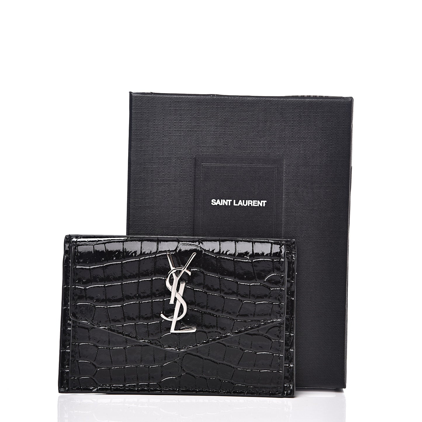 Calfskin Crocodile Embossed Uptown Monogram Card Case Black