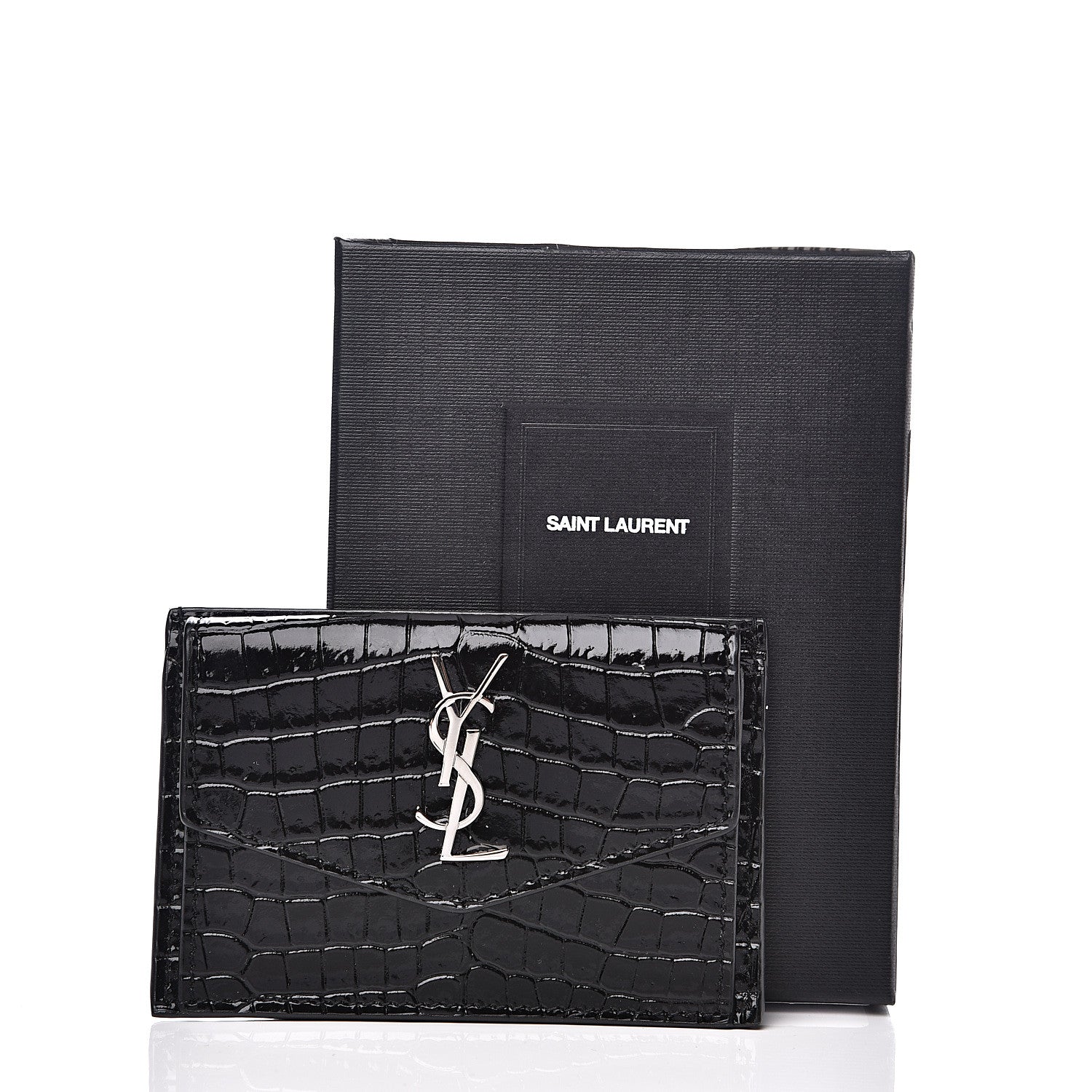 Saint Laurent Calfskin Crocodile Embossed Uptown Monogram Card Case Black 5 of 5