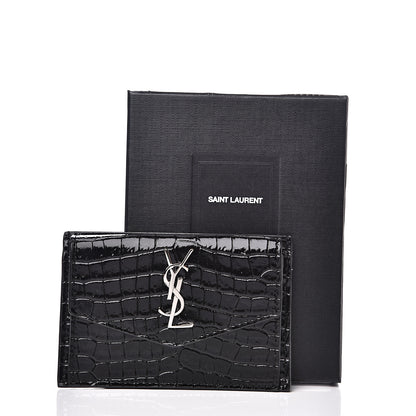 Saint Laurent Calfskin Crocodile Embossed Uptown Monogram Card Case Black 5 of 5