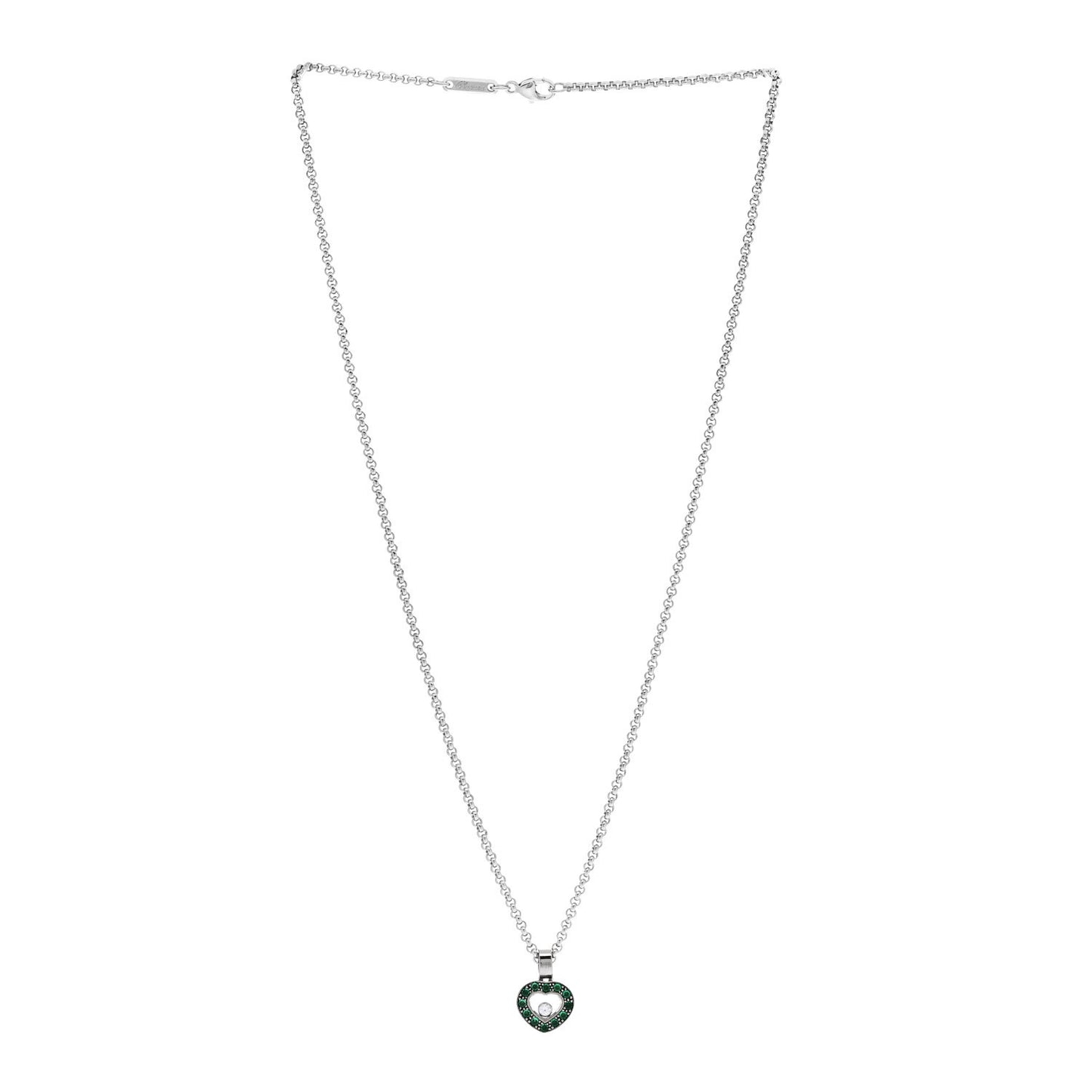 18K White Gold Diamond Emerald Happy Heart Pendant Necklace Green