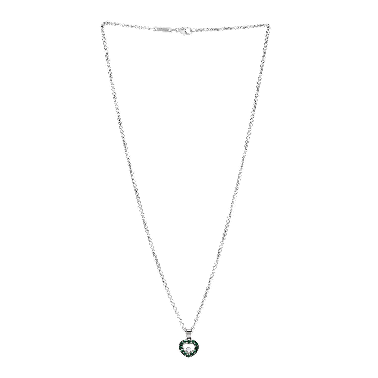 Chopard 18K White Gold Diamond Emerald Happy Heart Pendant Necklace Green 3 of 5