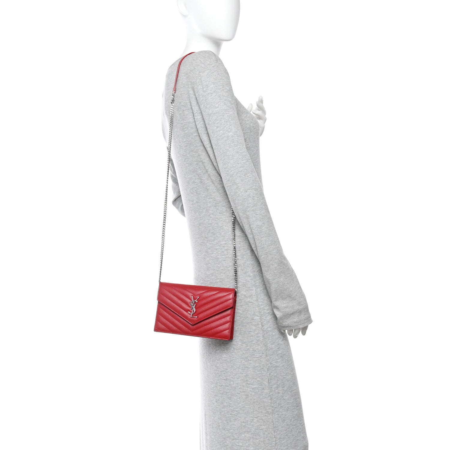Saint Laurent Grain De Poudre Matelasse Chevron Monogram Envelope Chain Wallet  New Red 2 of 10