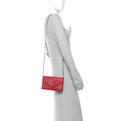 Saint Laurent Grain De Poudre Matelasse Chevron Monogram Envelope Chain Wallet  New Red 2 of 10